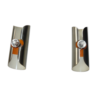 Pair of cylindrical stainless steel wall lamps space age years 70