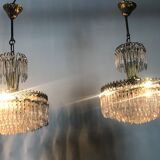 Lustre couronne en laiton doré et papilles en cristal 3 feux 1970
