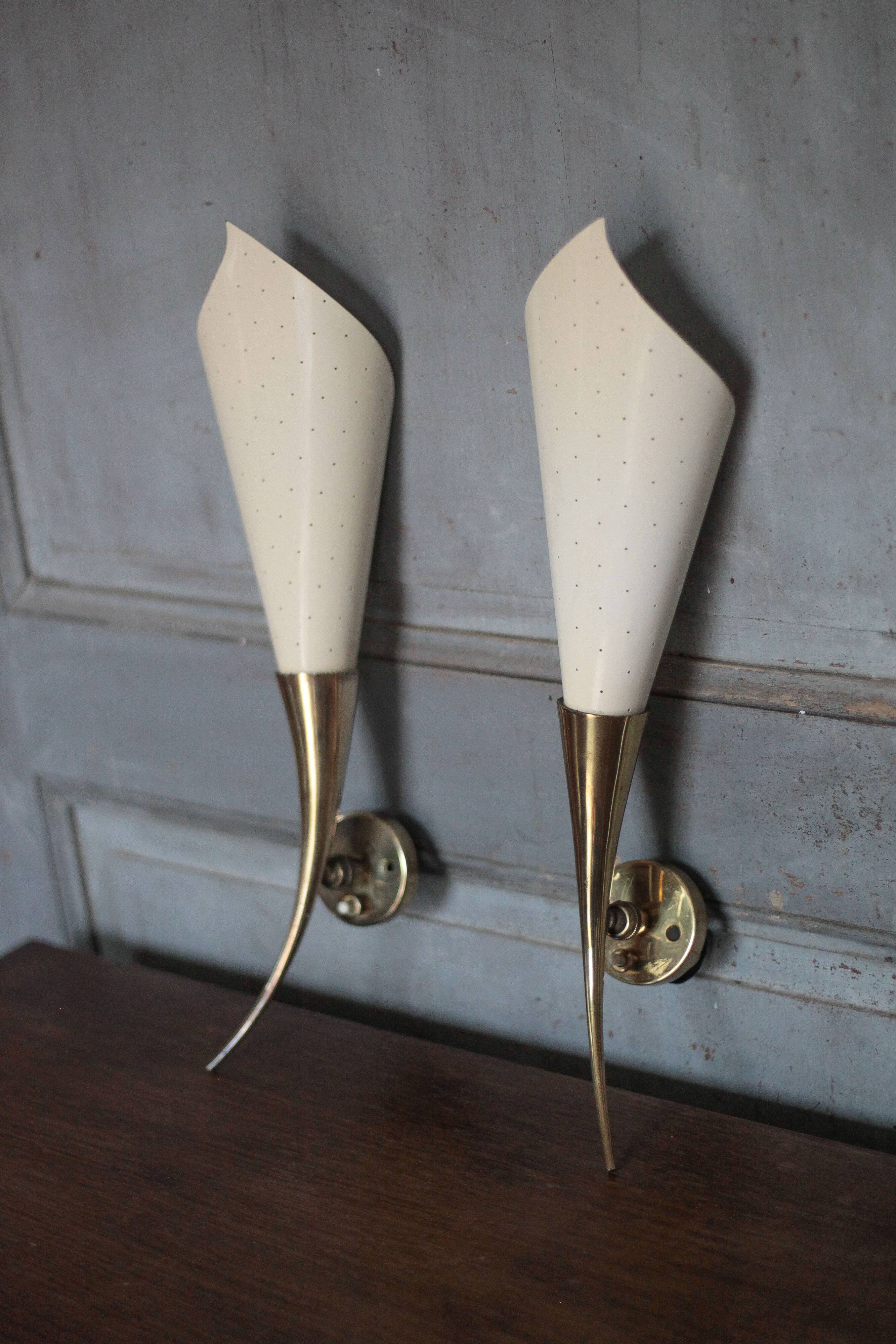 Pair of brass and perforated metal wall lights, wall sconce, decorative