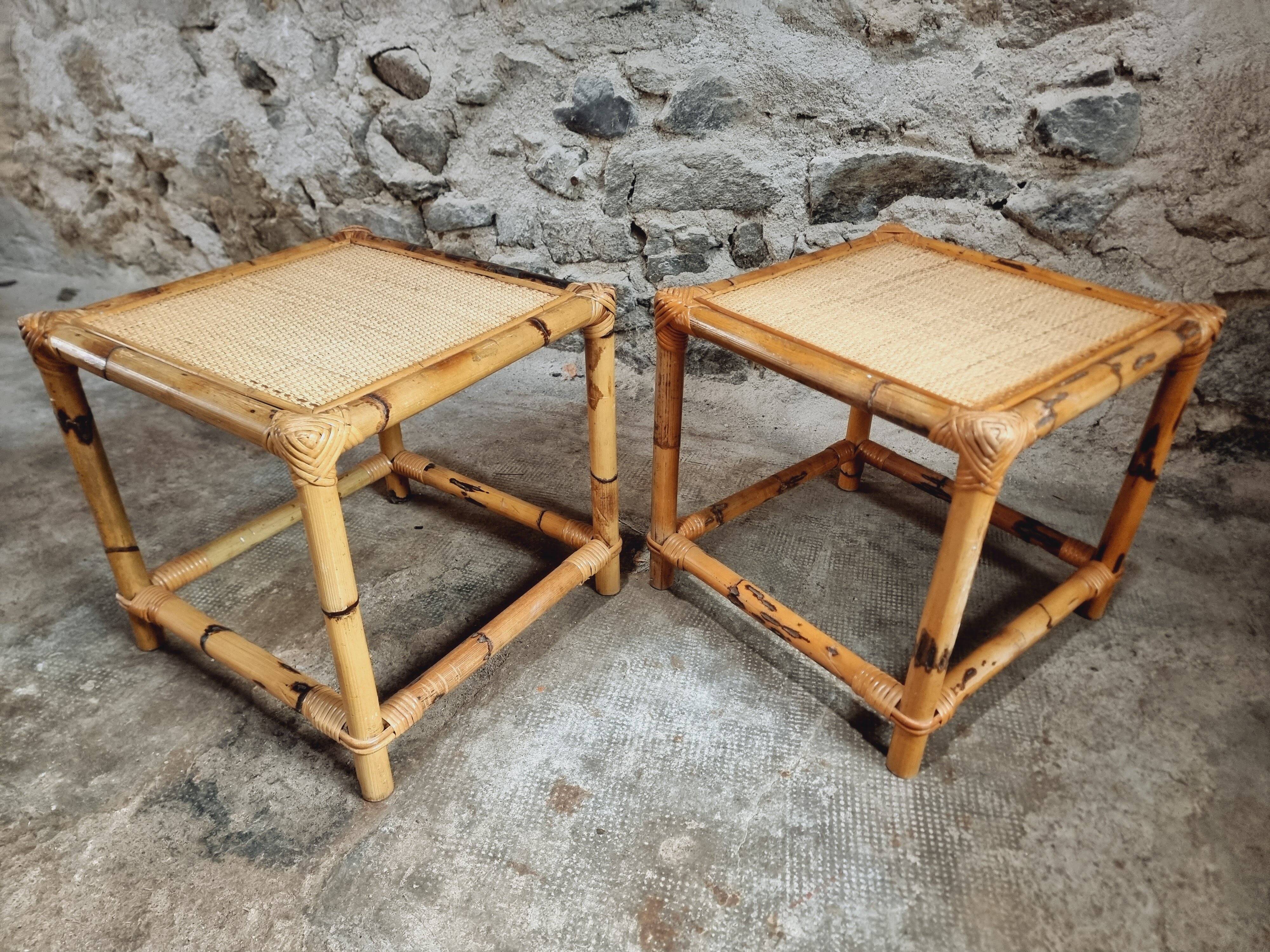 Vintage bamboo and rattan side tables – France, 1970s