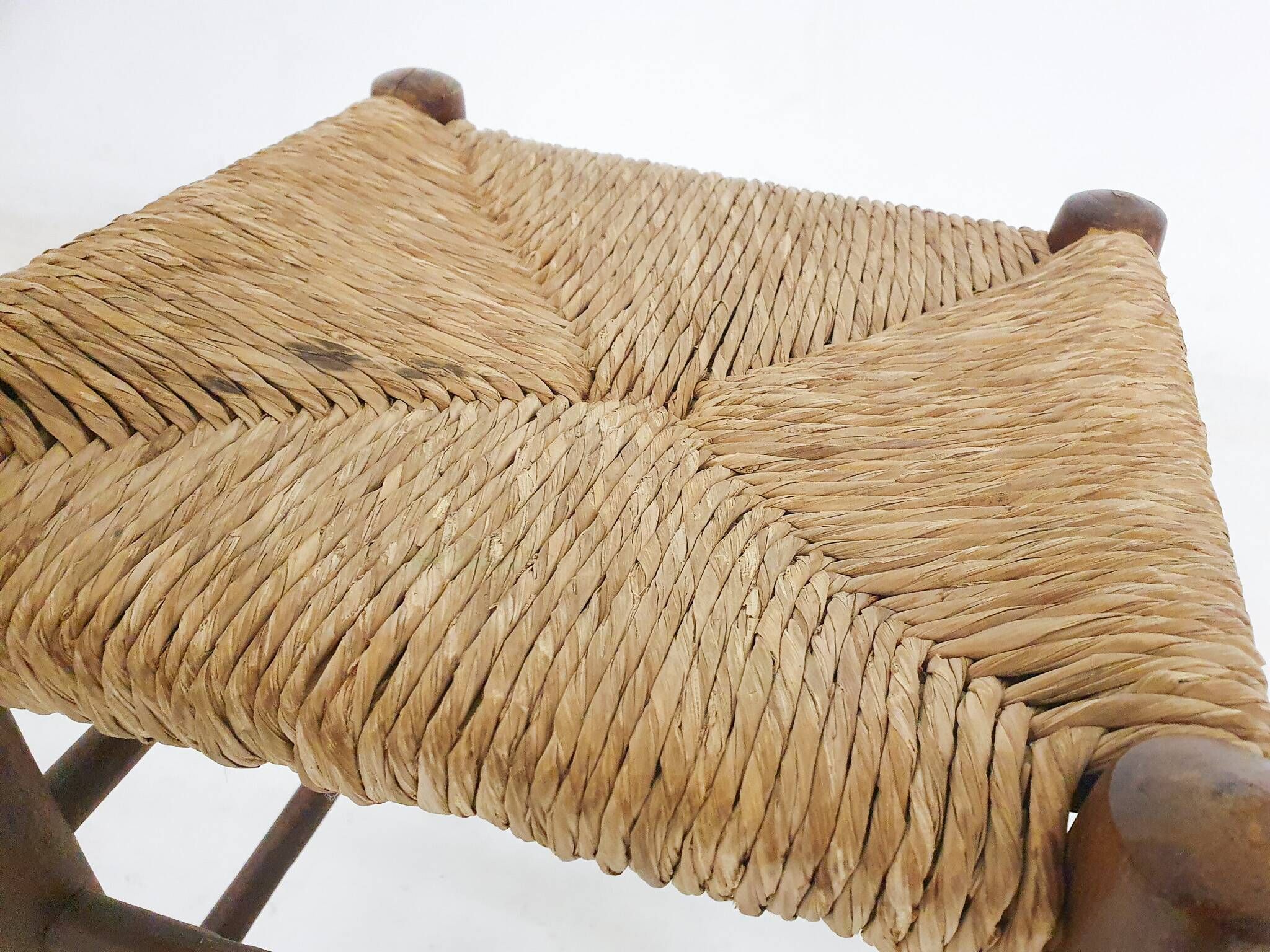 Mid-century wooden stool with rattan seating