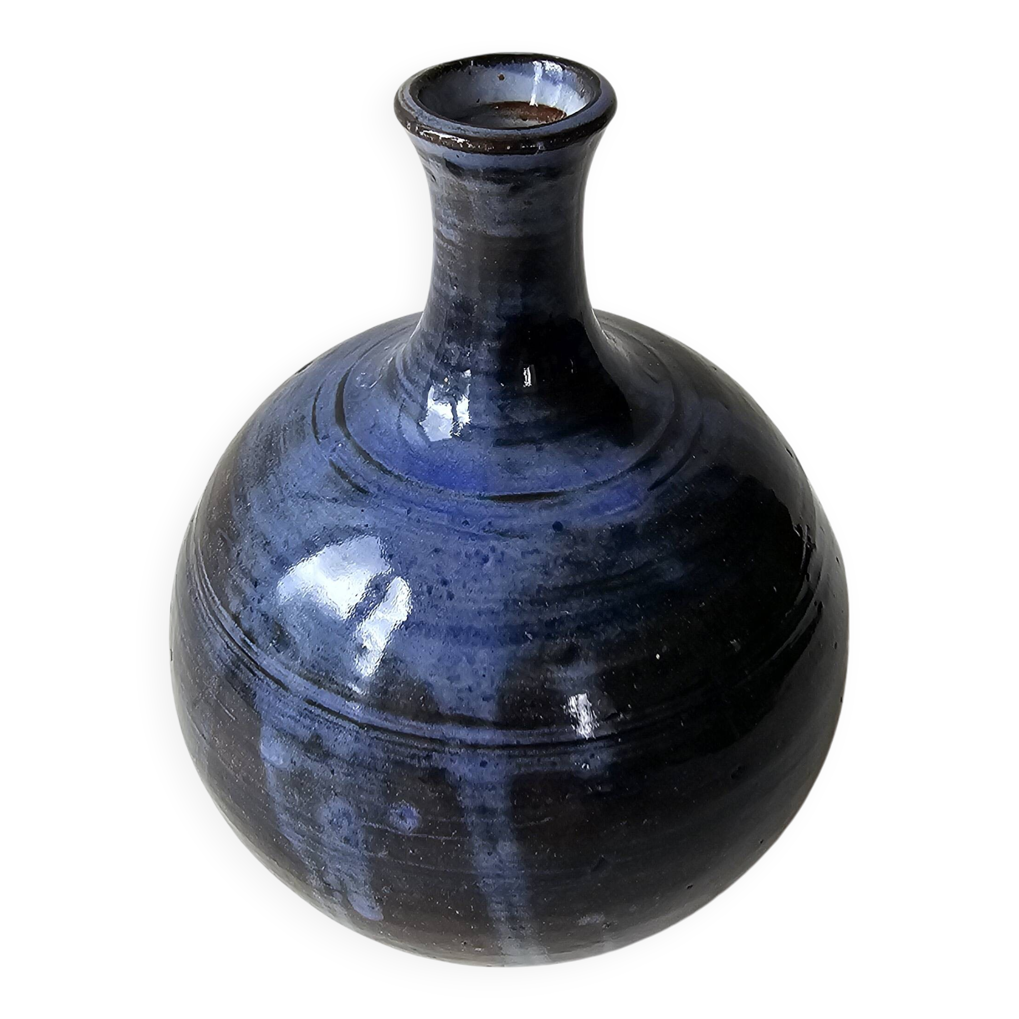 Blue glazed ceramic soliflore ball vase signed (Signature to be identified)