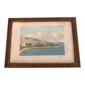 Old print signed Fred Levé – Mediterranean landscape – Wooden frame