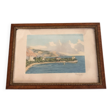 Old print signed Fred Levé – Mediterranean landscape – Wooden frame