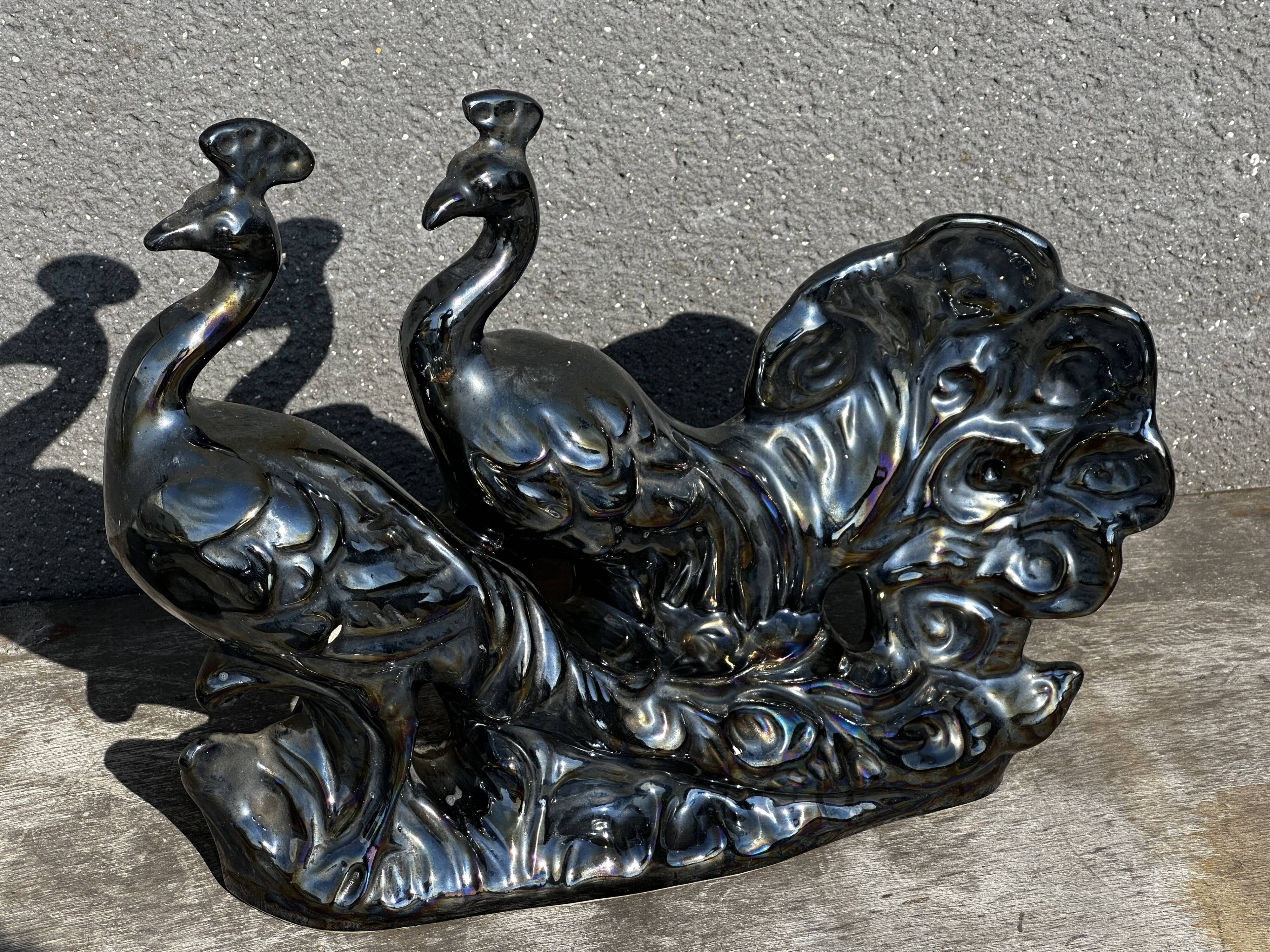 Centerpiece Pair of Peacocks Ceramic Vallauris Iridescent Anthracite Grey