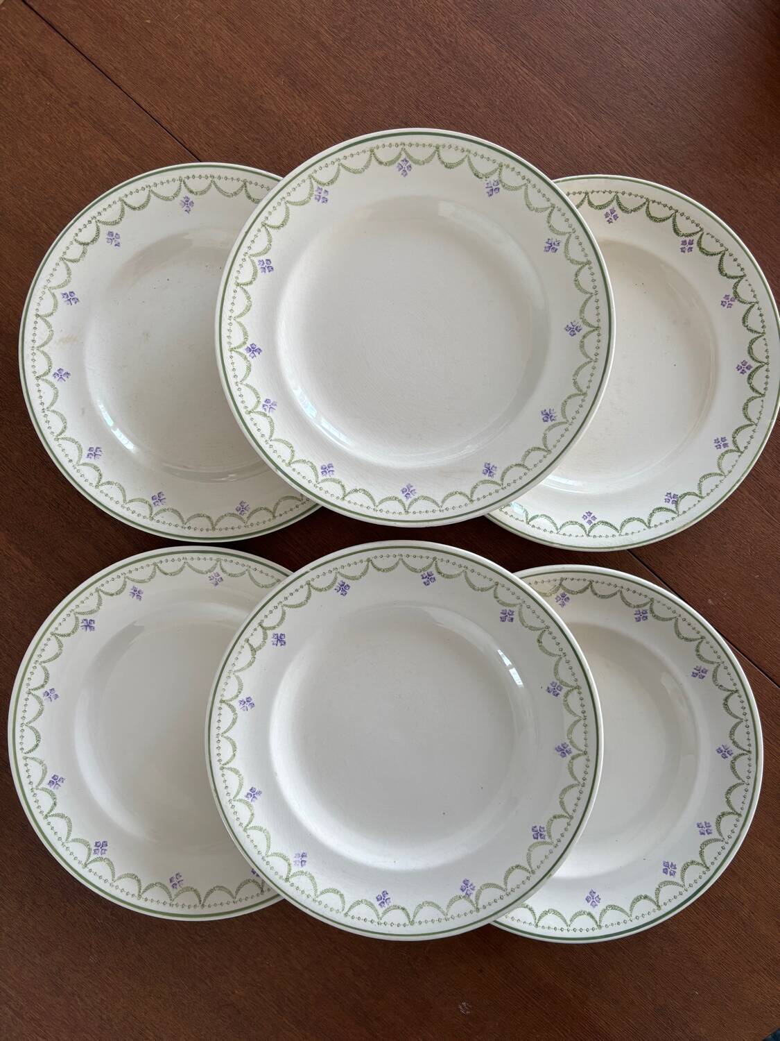 1900s Set of 6 vintage earthenware flat plates, Violetta model by Longwy