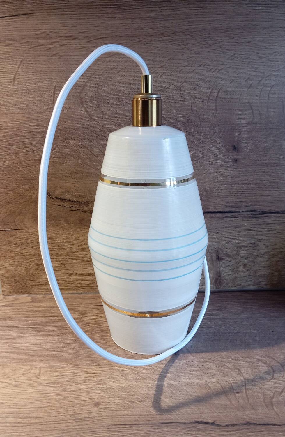 Mid century art deco pendant light fixture, gold striped glass, azure blue