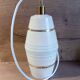 Mid century art deco pendant light fixture, gold striped glass, azure blue