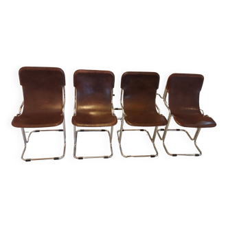 Set of 4 vintage leather and chrome "Calla" chairs by Antonio Ari Colombo for Arflex, Italy 60s