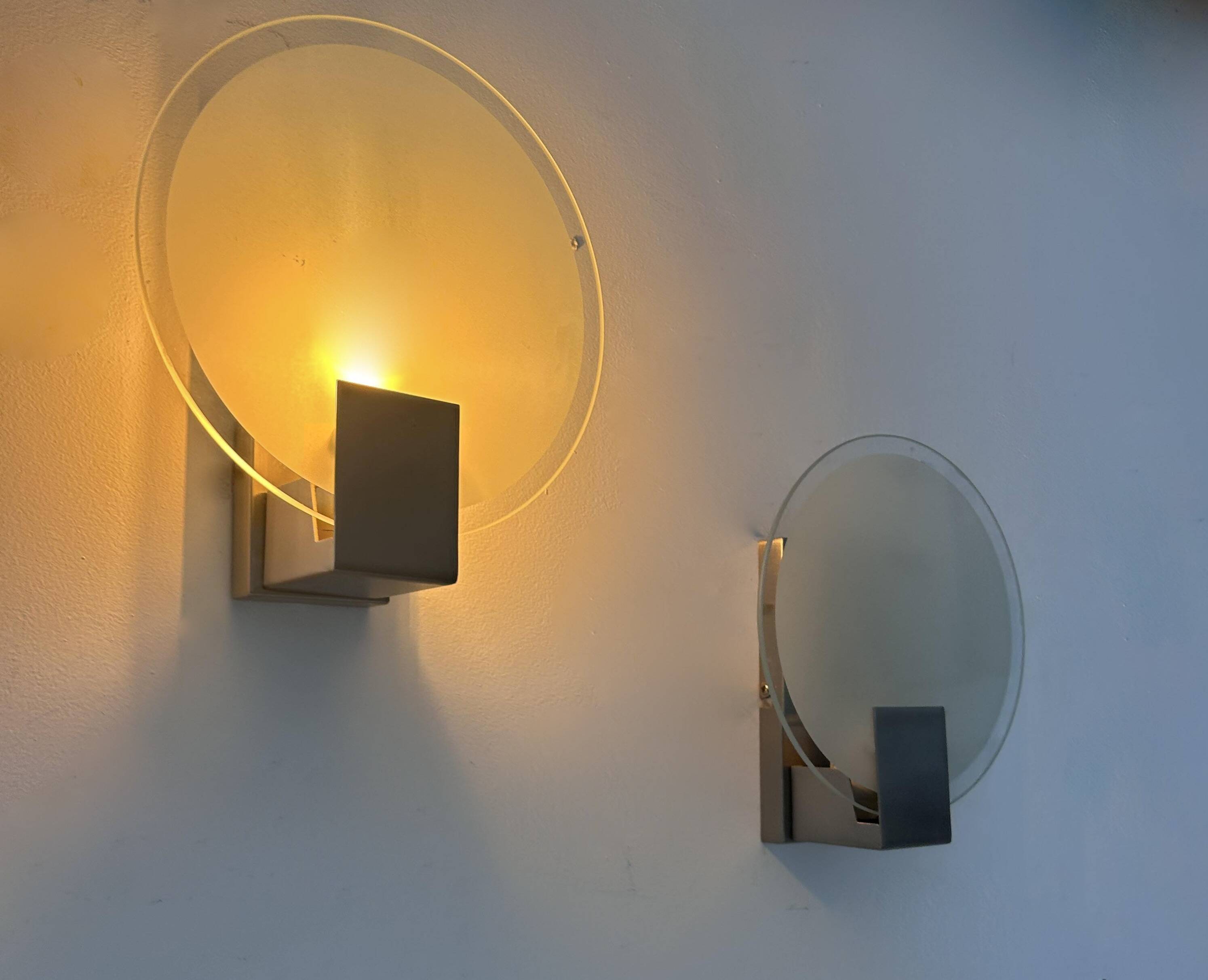 Pair of vintage round wall lights, chrome and sandblasted glass, France 1980s