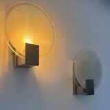 Pair of vintage round wall lights, chrome and sandblasted glass, France 1980s