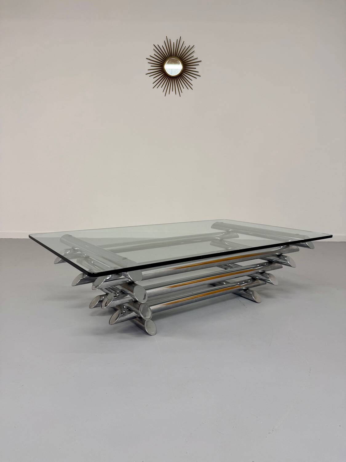 Space coffee table from the 70s, tubular metal and glass, Italian design