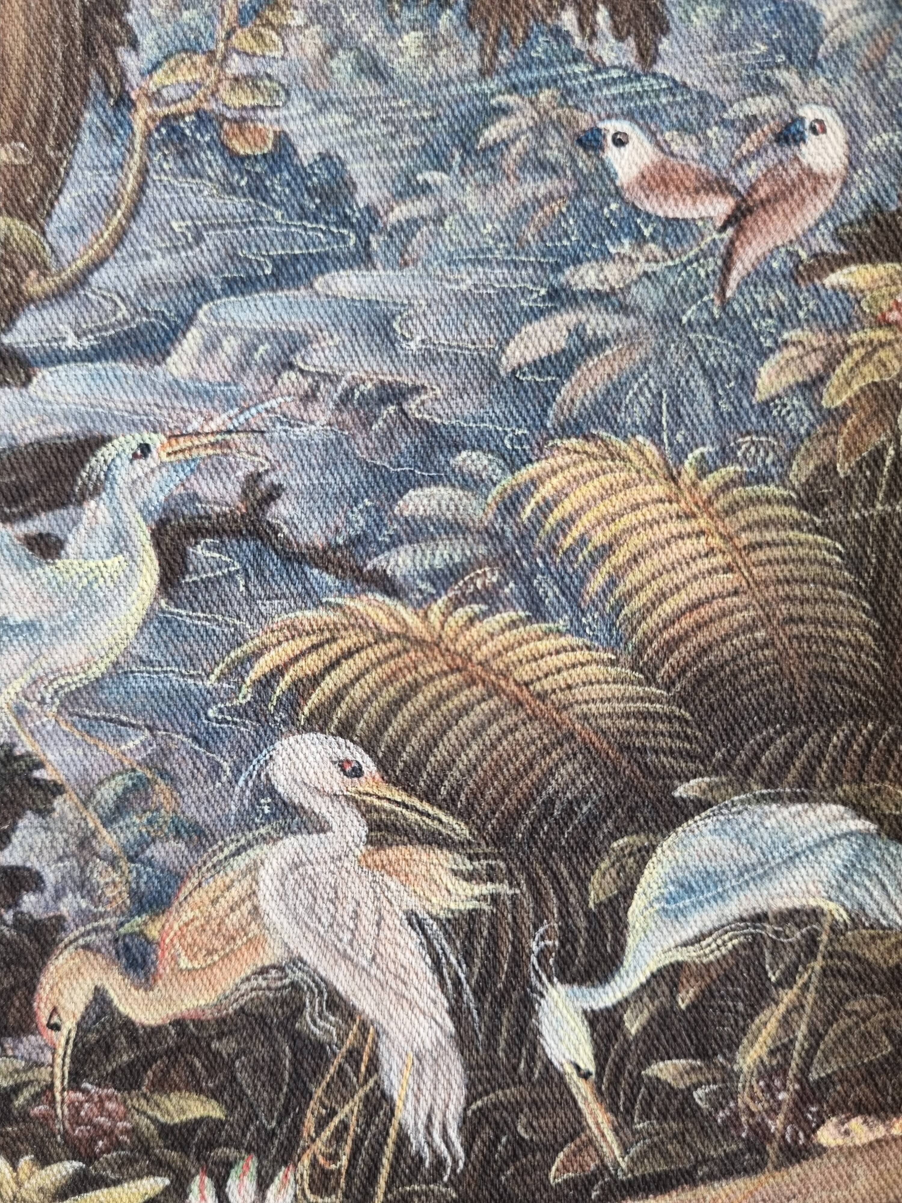 Tropical scene of Bali, painting on canvas in carved teak 33x38 cm.