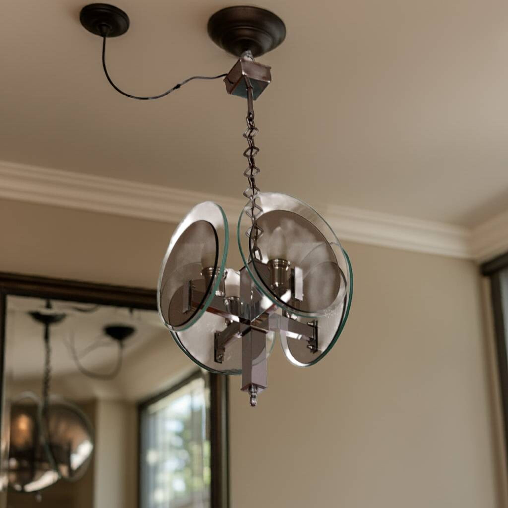 Vintage Art Deco chandelier in chrome metal and glass, Italy, 1970s