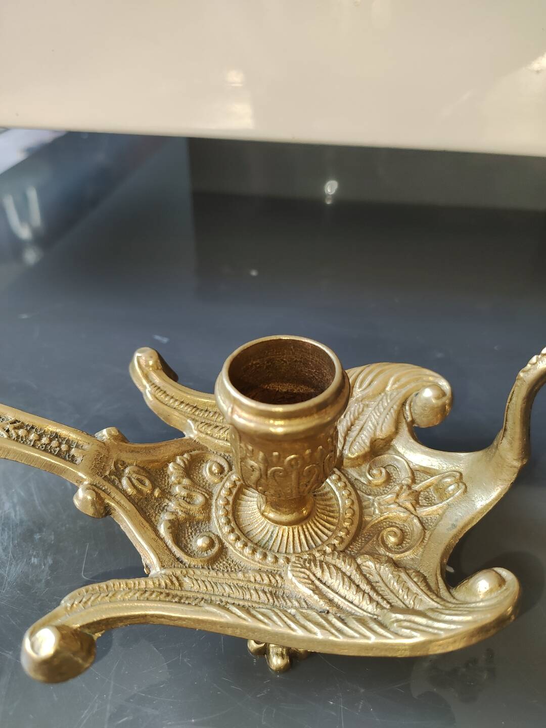 Hand-held bourgeoir/cellar rat, Phoenix/Peacock, in brass. Art Nouveau style