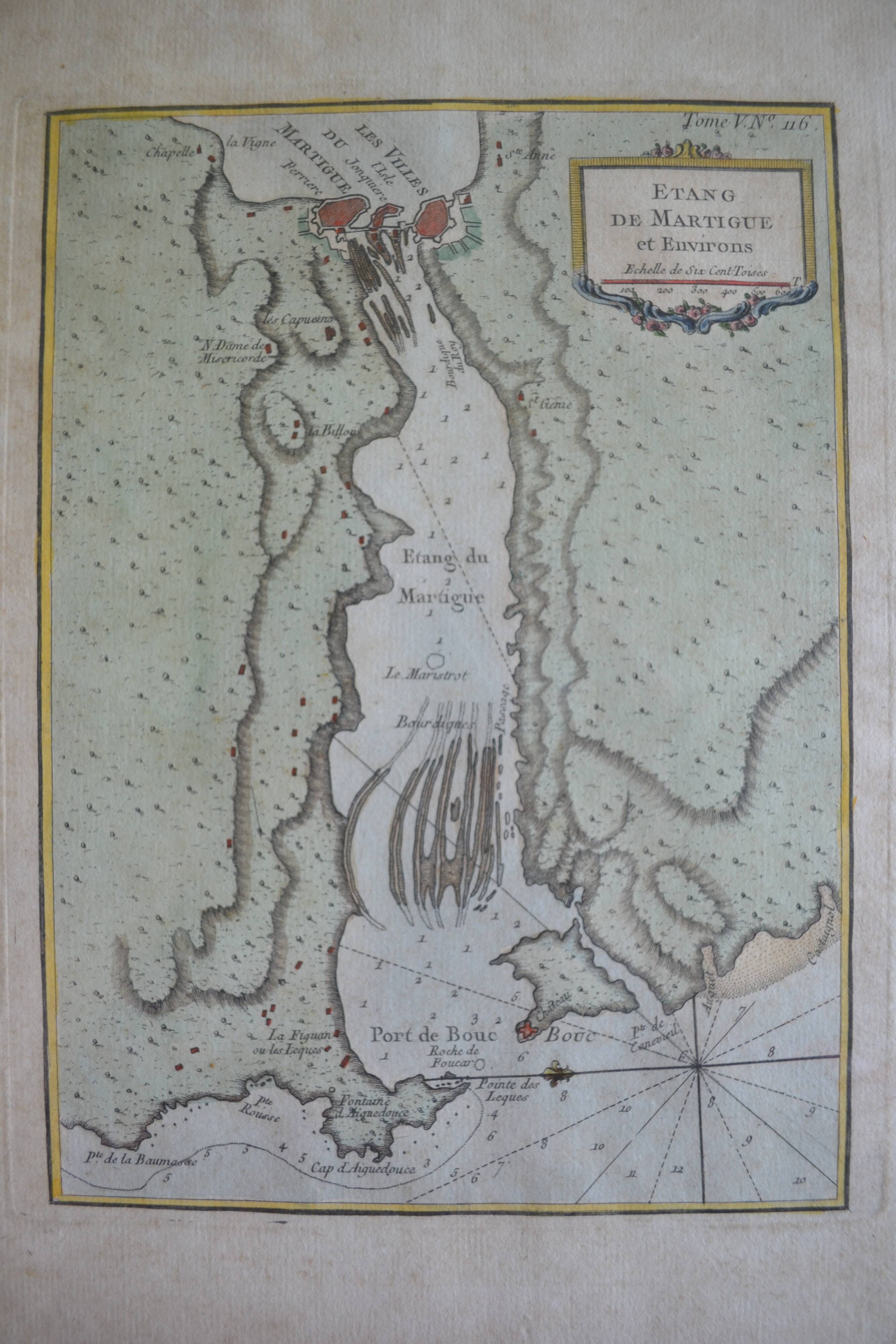 Martigues pond Old geographical map 18th century engraving 1764 by Bellin