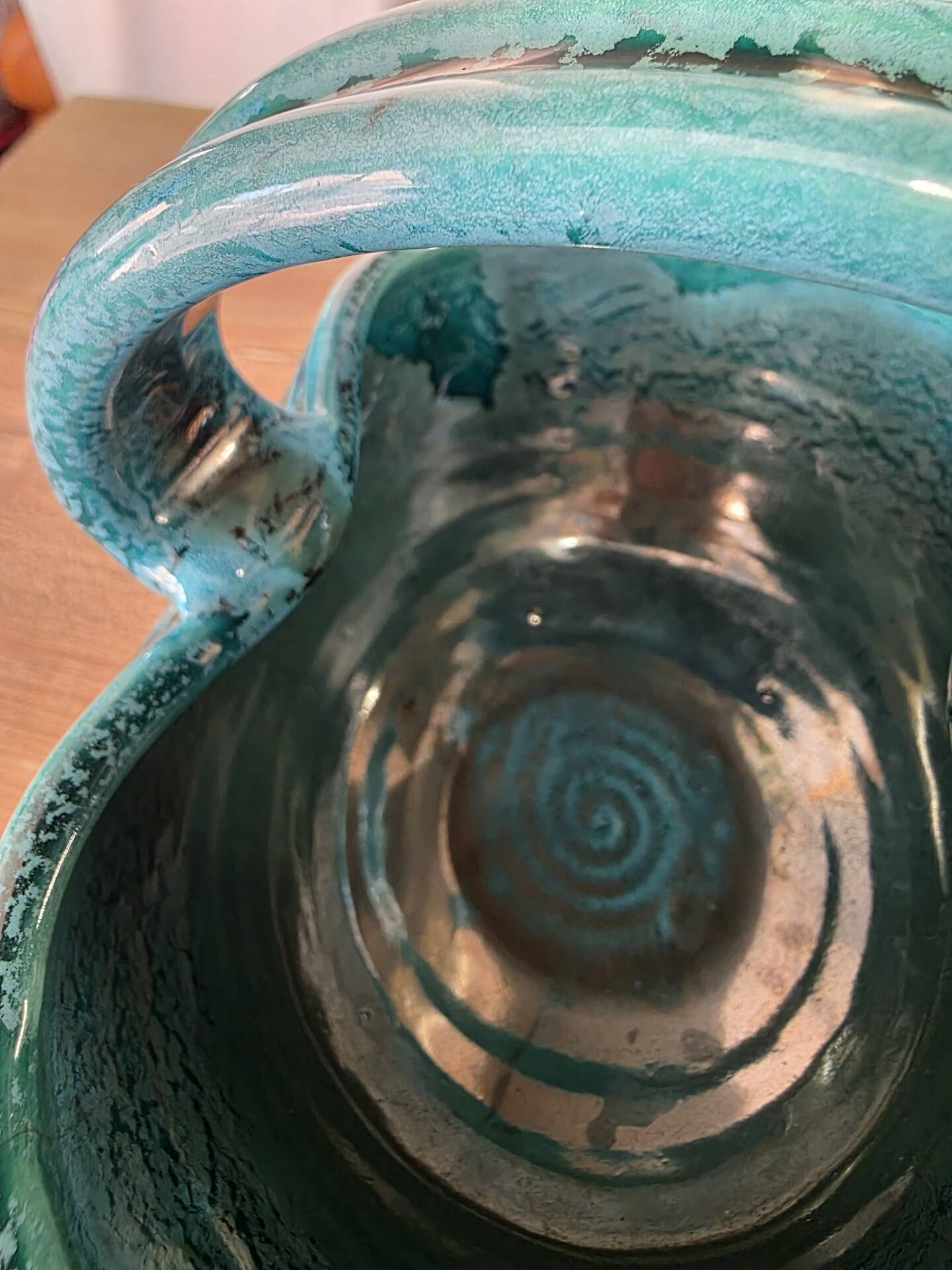 Vintage ceramic basket Accolay turquoise Signed Bull's Head X.C