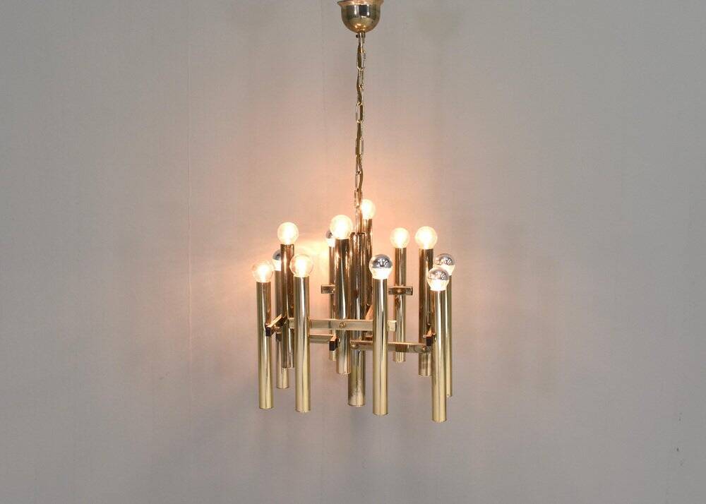Italian brass chandelier 12 spot pendant lamp by Gaetano Sciolari, 1970s