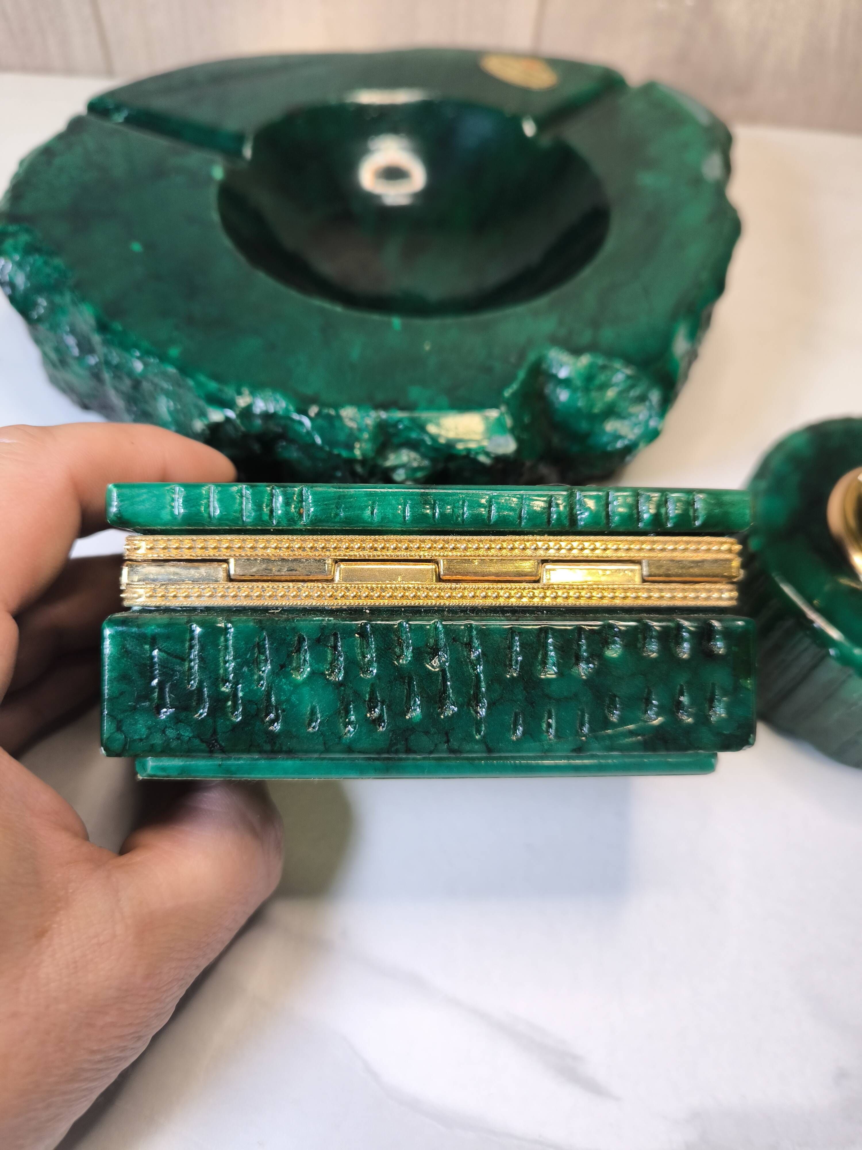 Vintage 70's Desk Set in Green Alabaster Malachite - 3 Pieces - Ita