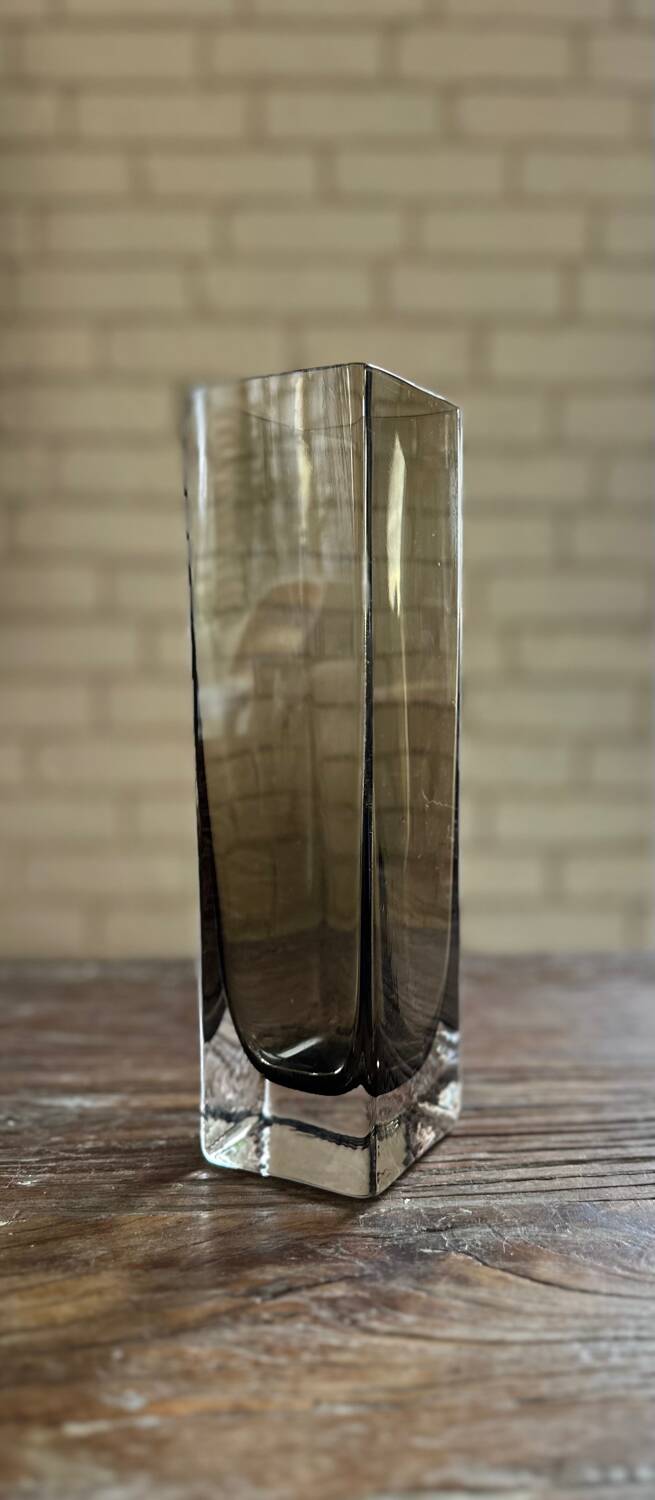 Rectangular smoked glass vase design in retro vintage Murano spirit