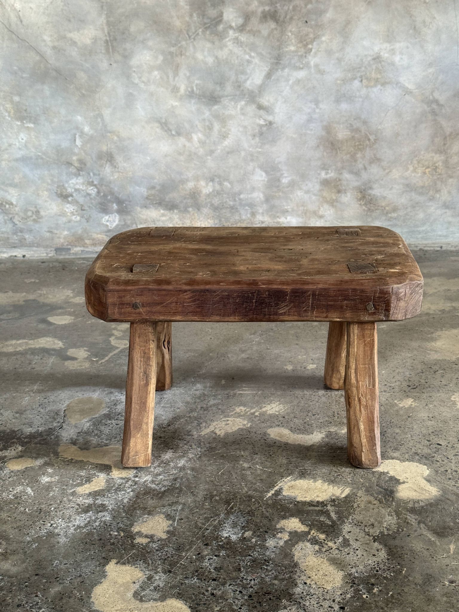 Small stool, rectangular rounded solid teak side table.