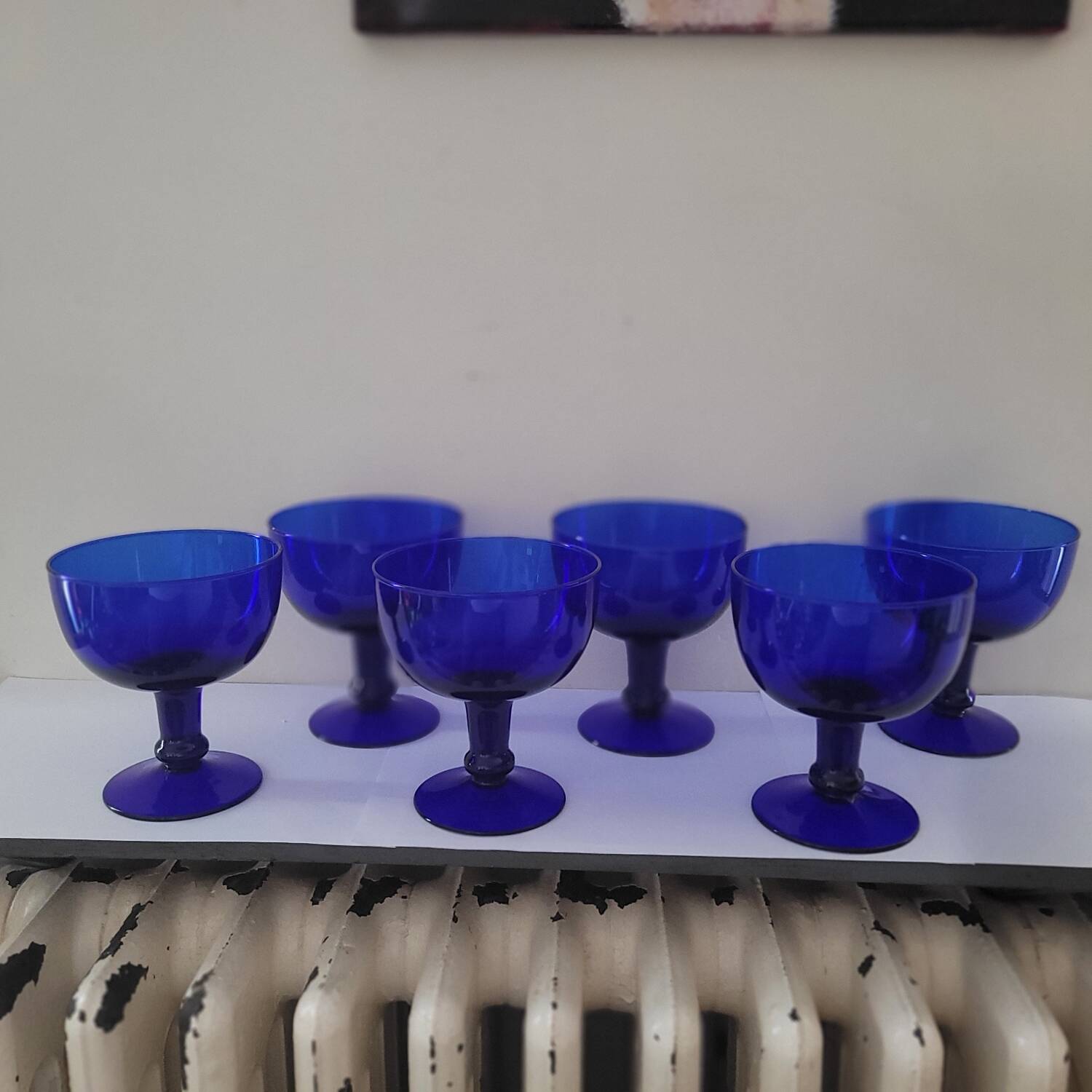 Vintage 70s-80s Stemmed Bowls in Cobalt Blue Glass