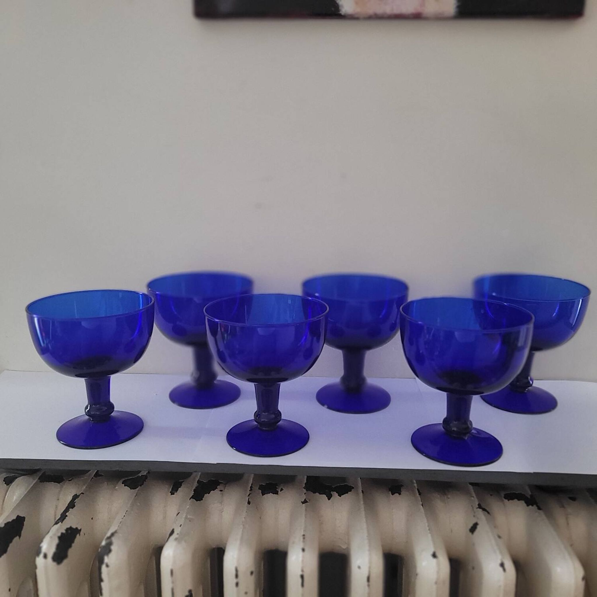 Vintage 70s-80s Stemmed Bowls in Cobalt Blue Glass