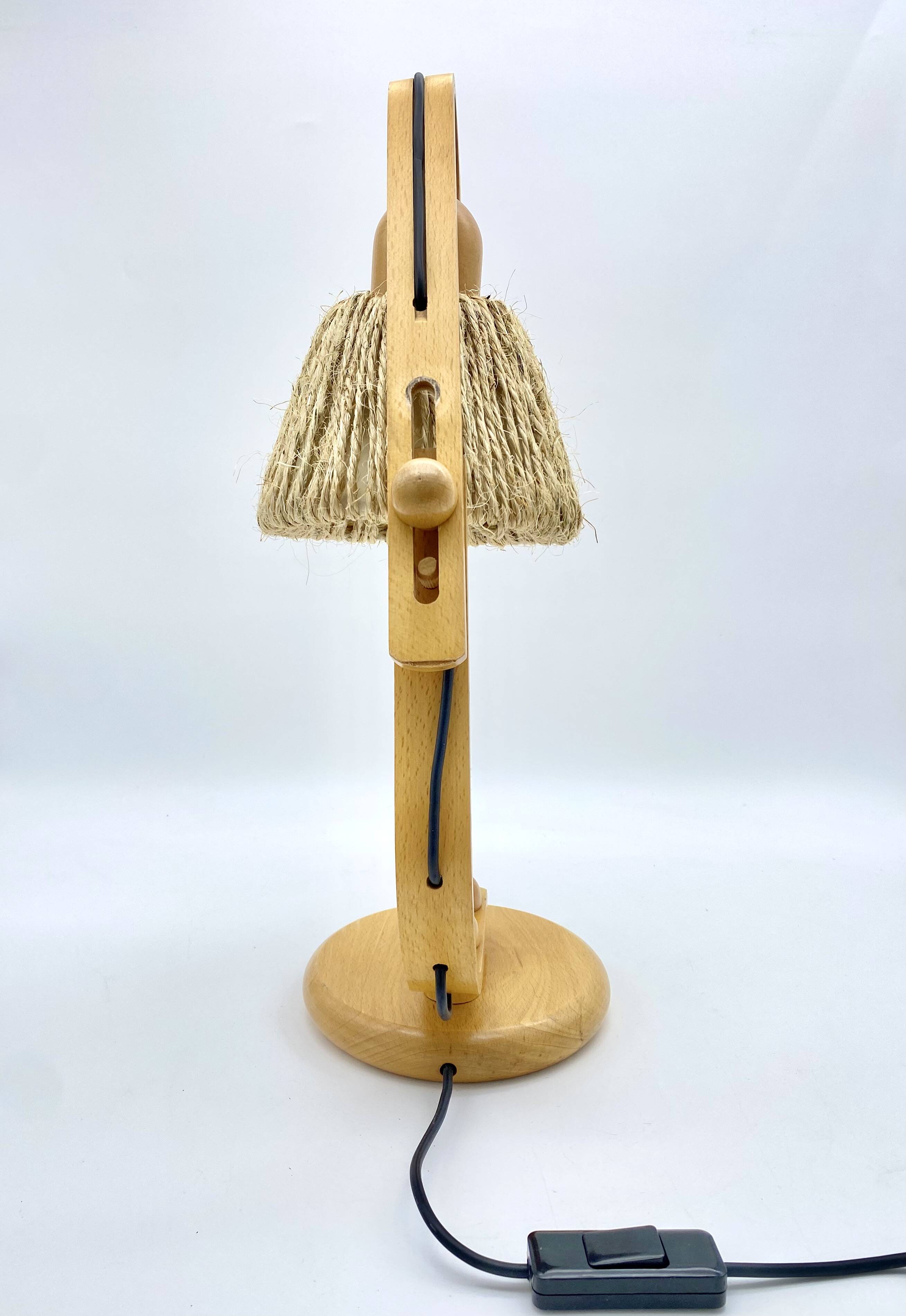 Lampe articulée en bois et corde, années 70