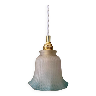 Vintage tulip walking lamp in white and blue frosted glass