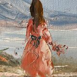 Tableau ancien huile sur toile jeune fille au lac signé
