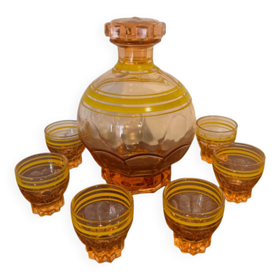 Service à liqueur vintage en verre ambré (carafe + 6 verres)