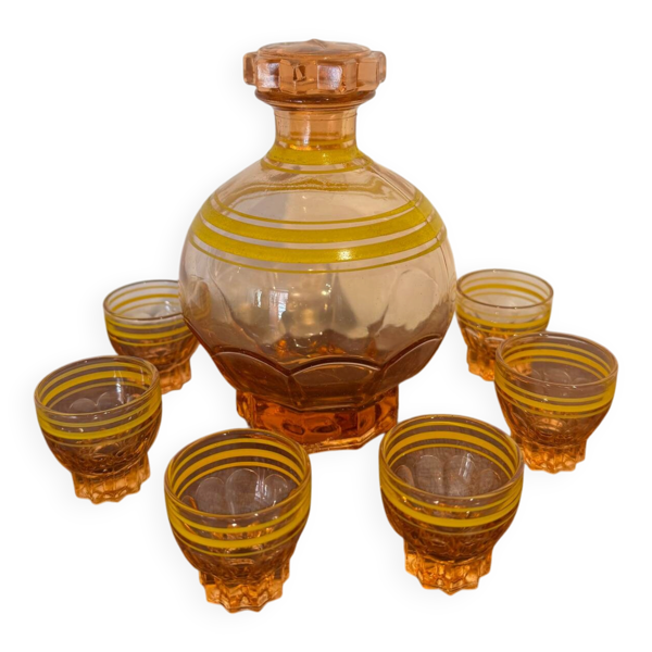 Service à liqueur vintage en verre ambré (carafe + 6 verres)