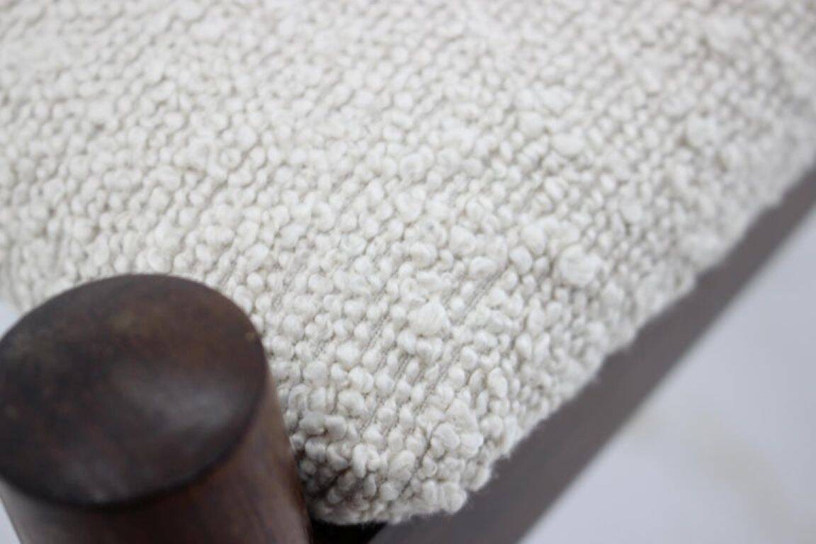 1960s Mid-Century Danish Modern Refurbished Wood Stool in White Bouclé