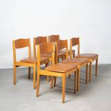 Set of 6 Danish Dining Chairs made of Beech and Brown Leatherette