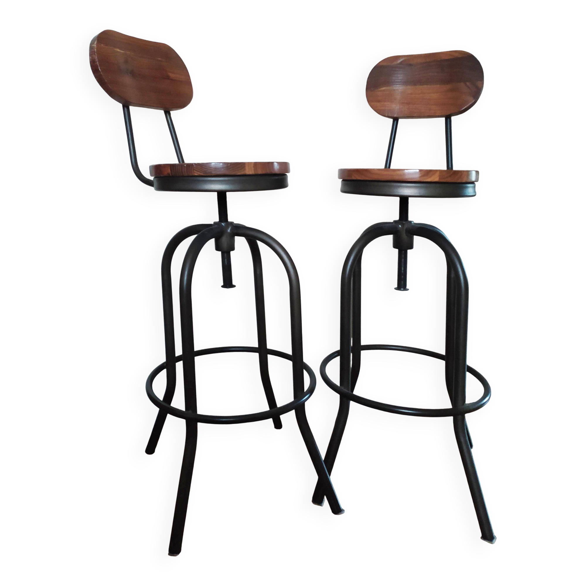 Set of two bar stools in wood and metal, industrial style.