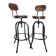 Set of two bar stools in wood and metal, industrial style.