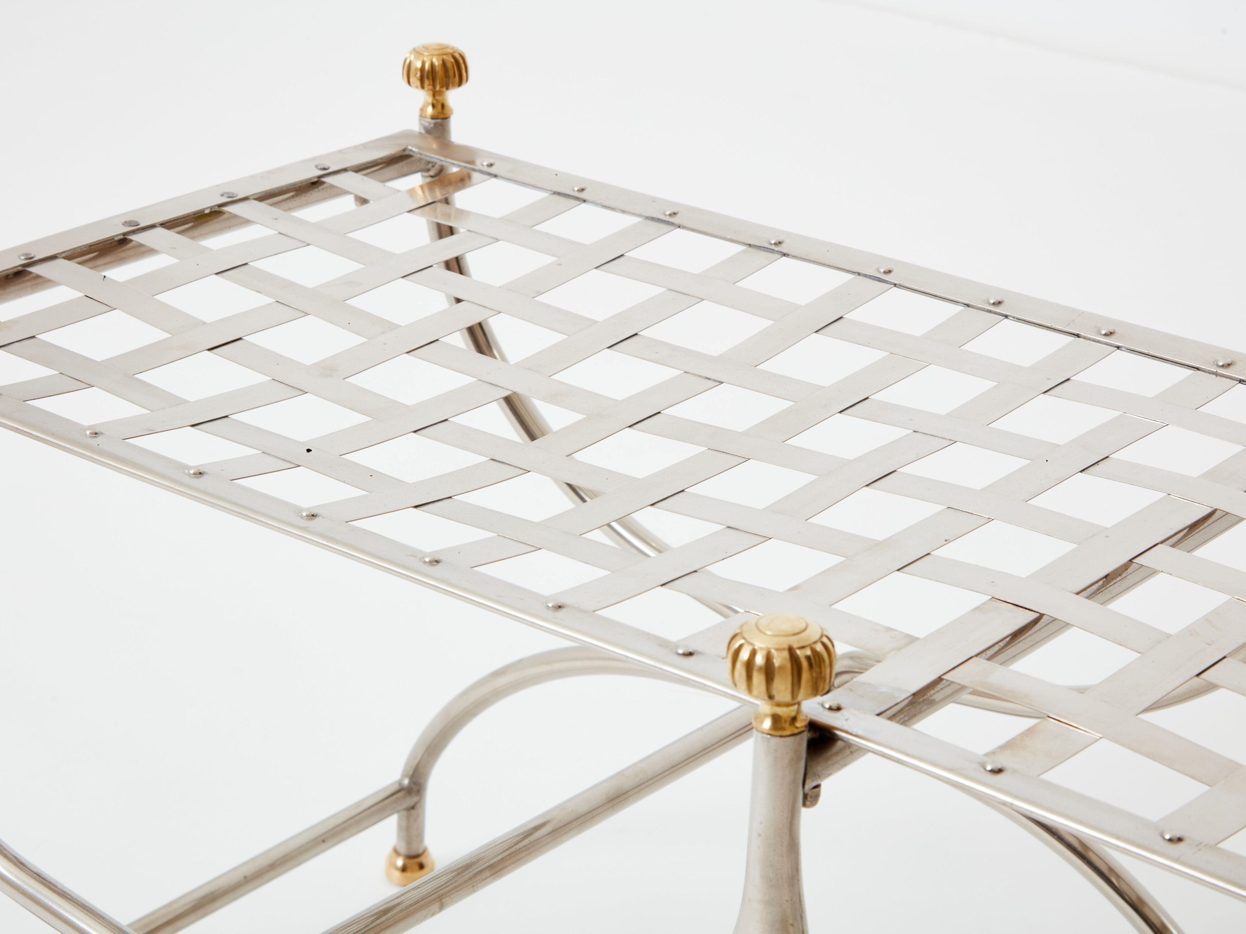 Brass jacquard steel curule bench from Maison Jansen circa 1960