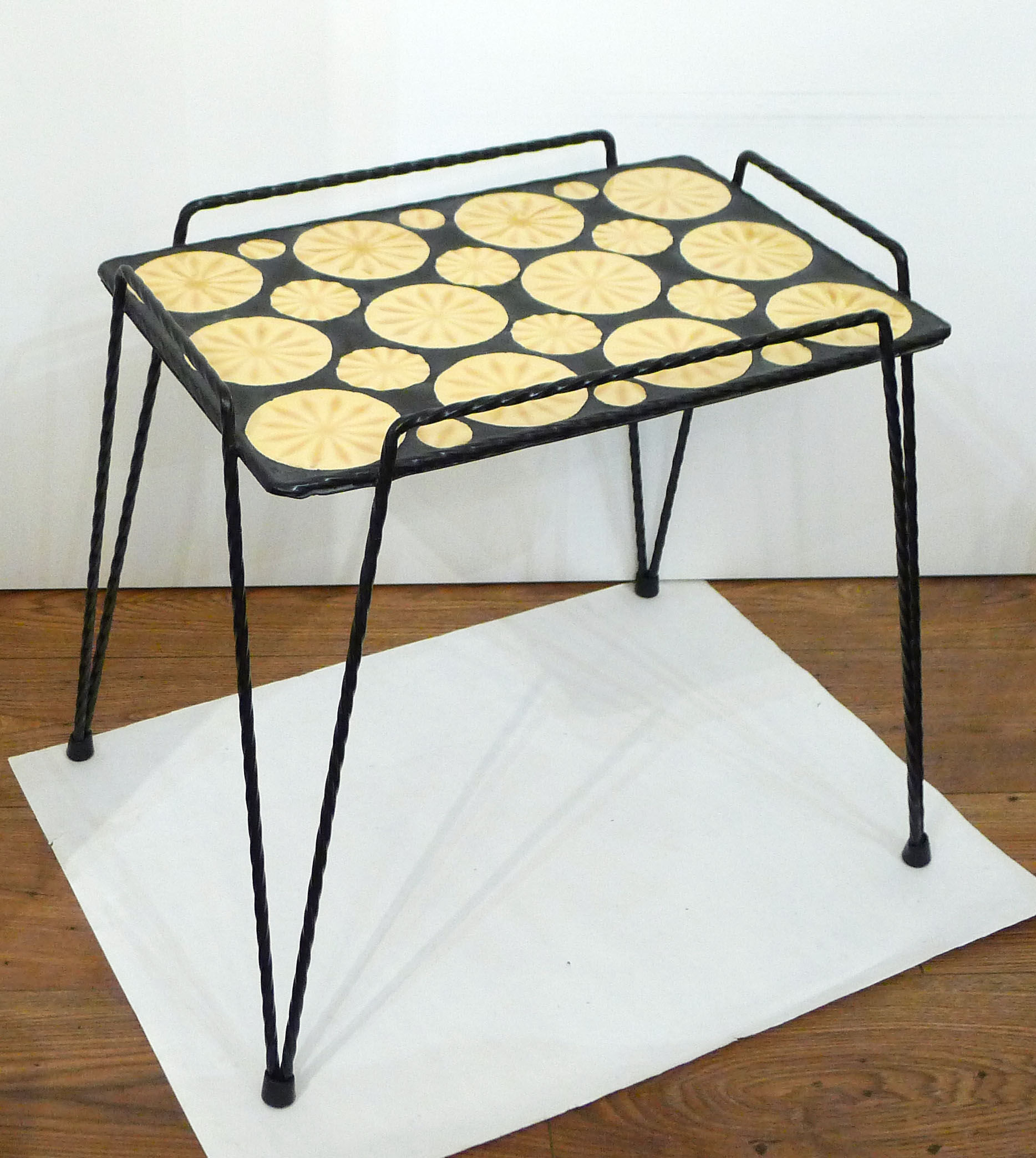 Mosaic and wrought iron side table, compass feet