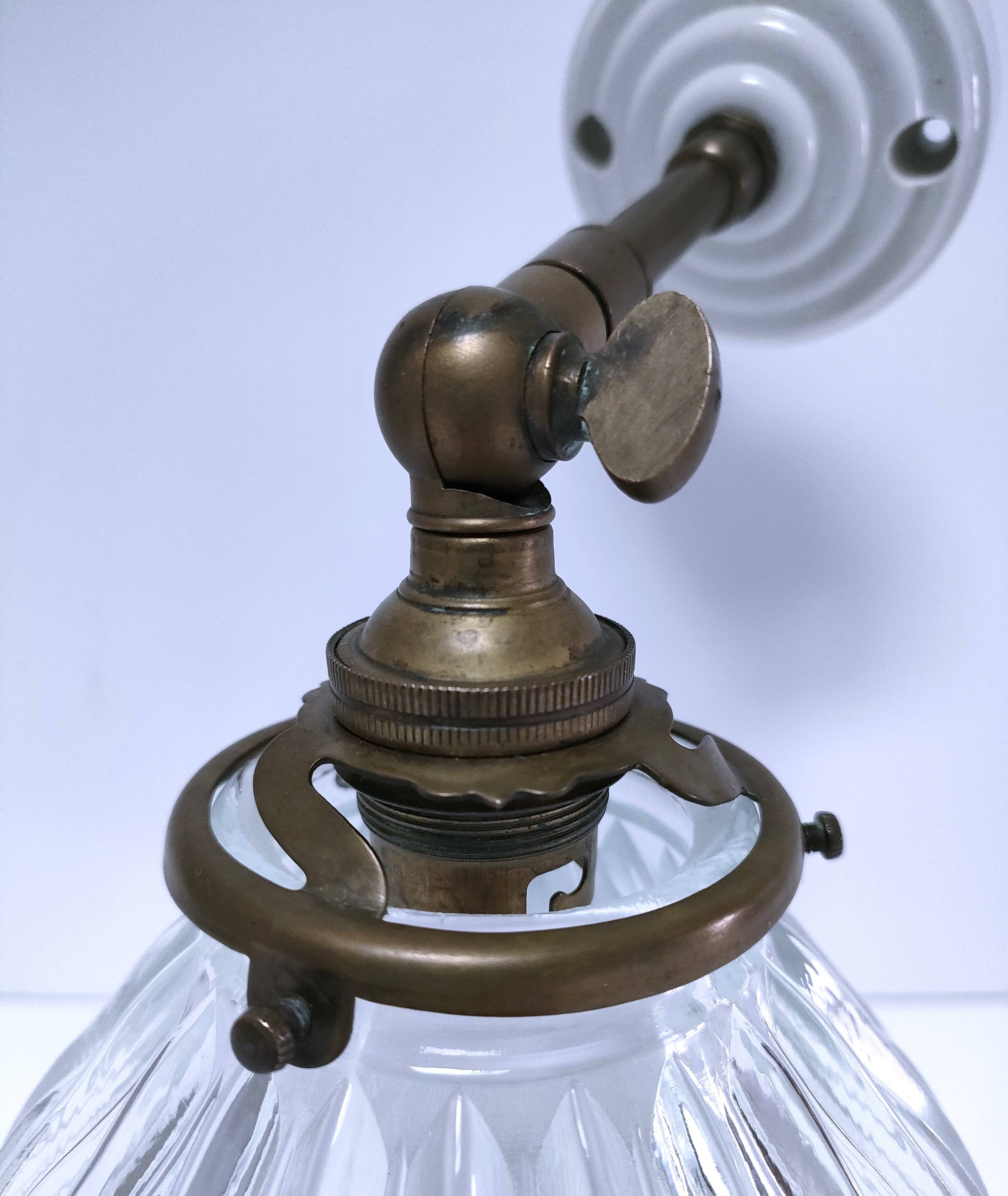 Articulated wall light glass Holophane brass porcelain