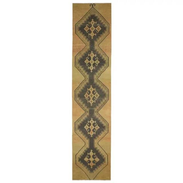 Vintage Turkish Hand-Knotted Wool Cotton Brass Runner Rug 95x432