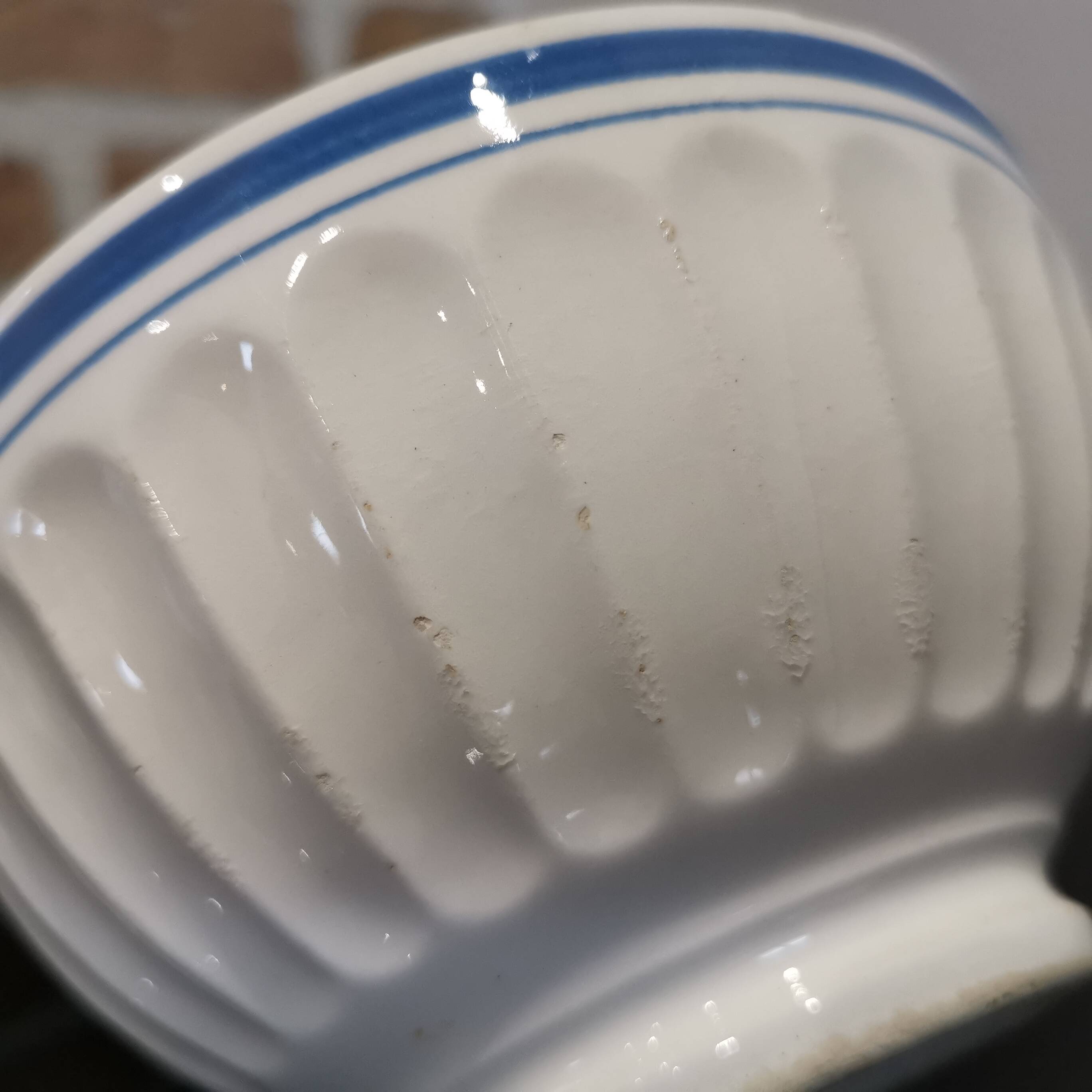 Old white bowl with blue edging Stamped Trèfle 50'S