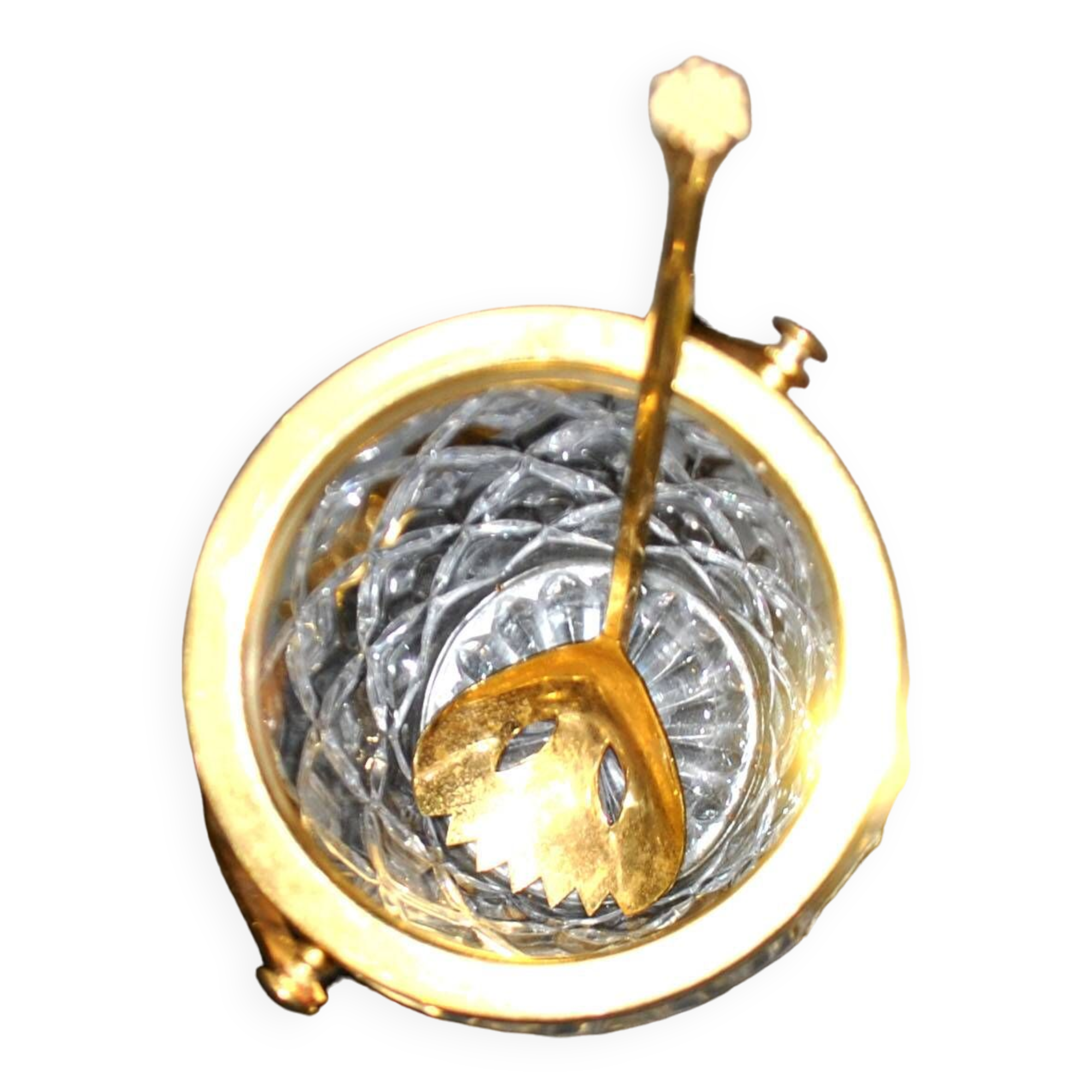 Vintage crystal ice bucket and gold frame "cristal ga" and cocktail ice cube spoon