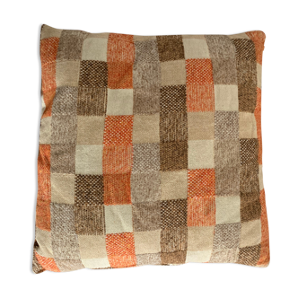 Coussin laine carreaux tons beige/orange