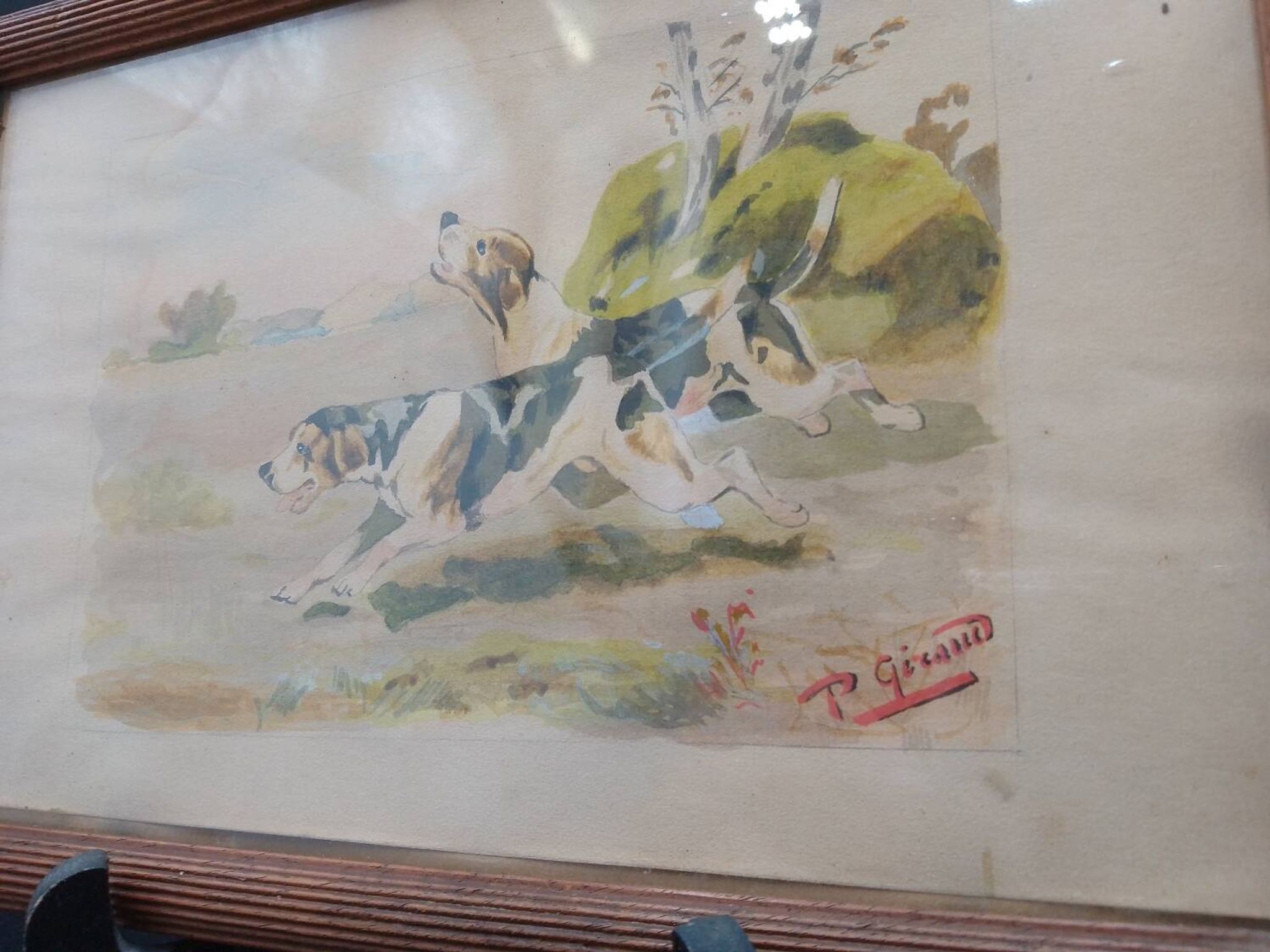 Old painting watercolor painting hunting dog signed p giraud