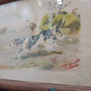 Old painting watercolor painting hunting dog signed p giraud