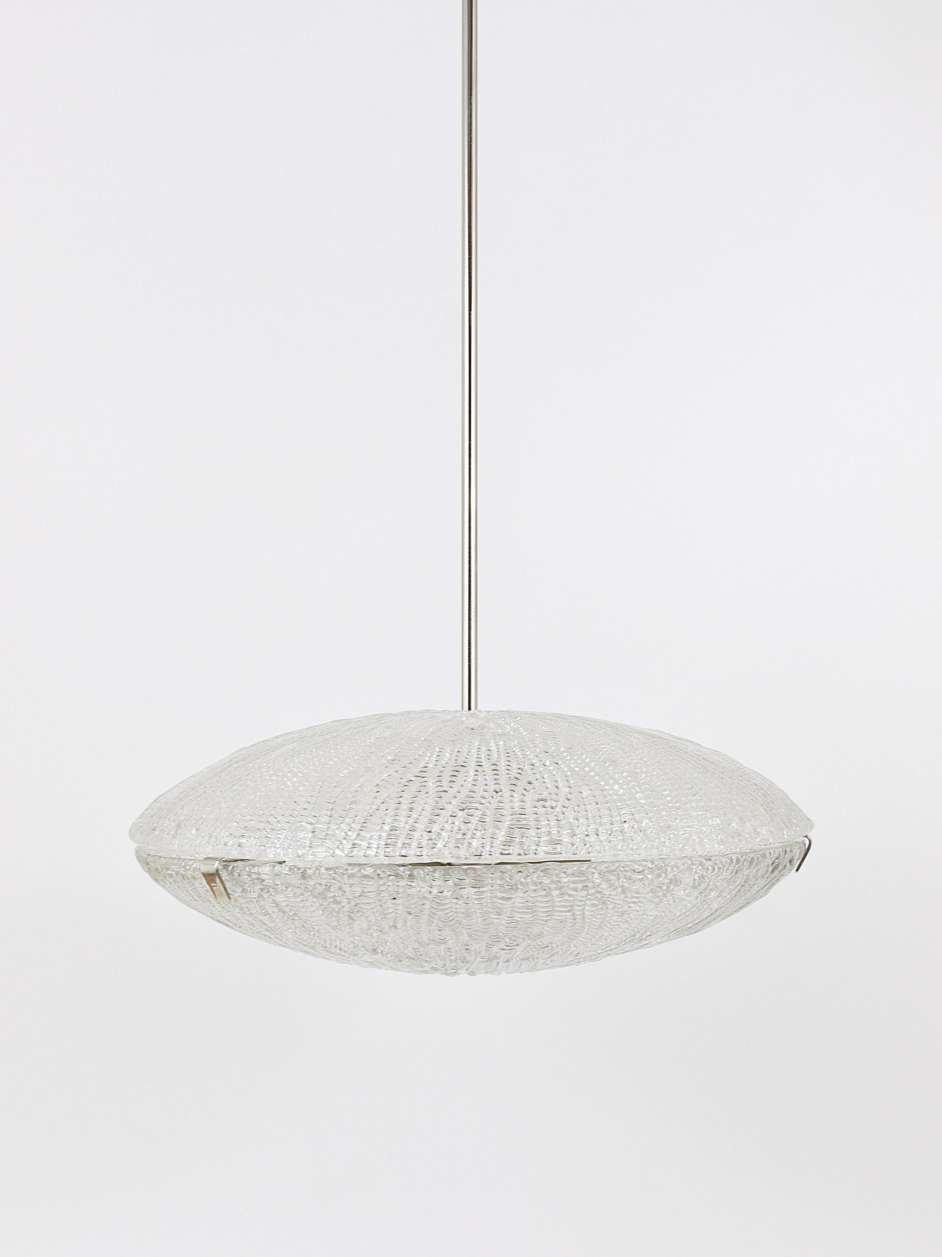 Mid-century Textured Glass and Nickel Kalmar Discus Chandelier, Austria, 1950s
