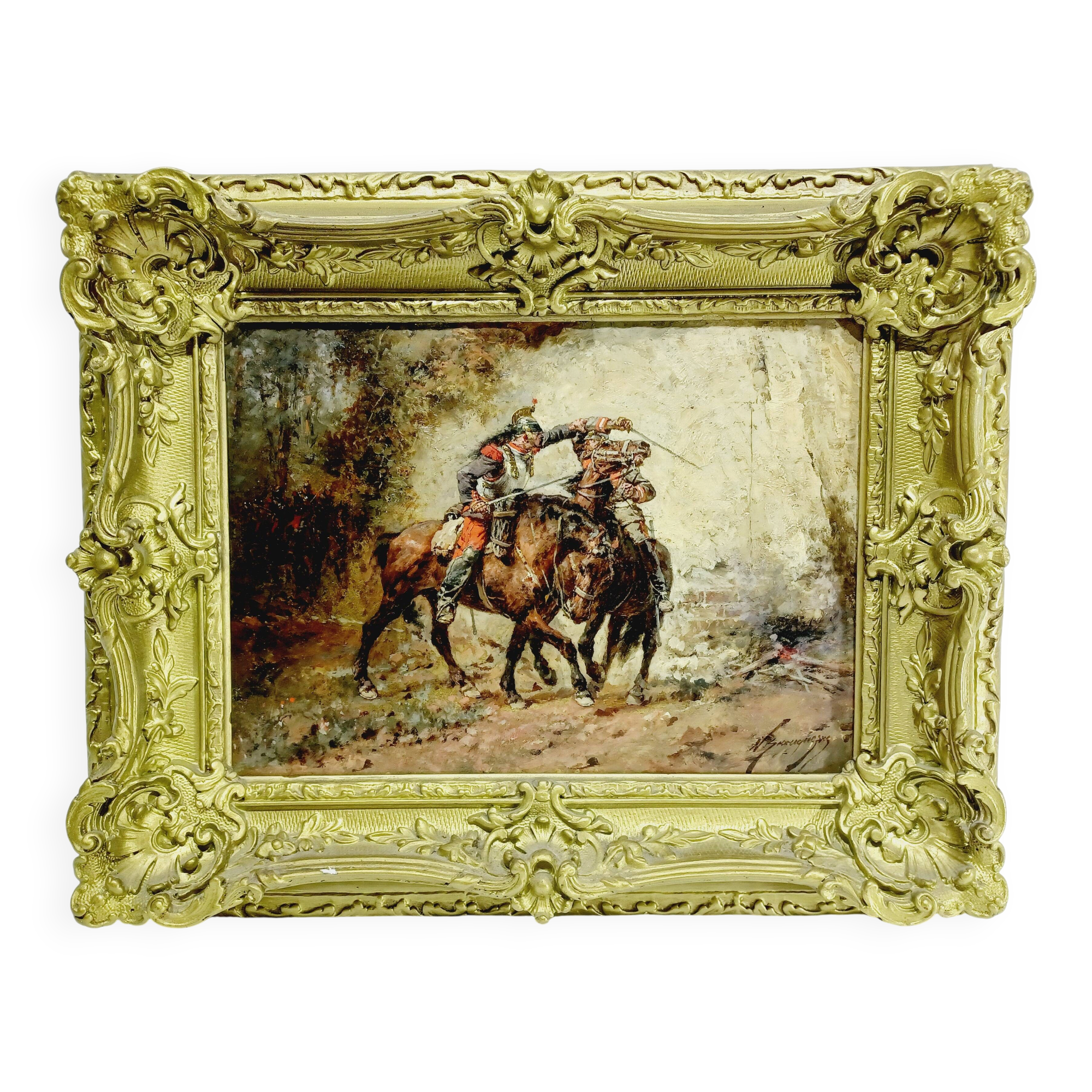 Wilfrid Constant Beauquesne -  Huile Sur Toile « Combat de cavaliers »