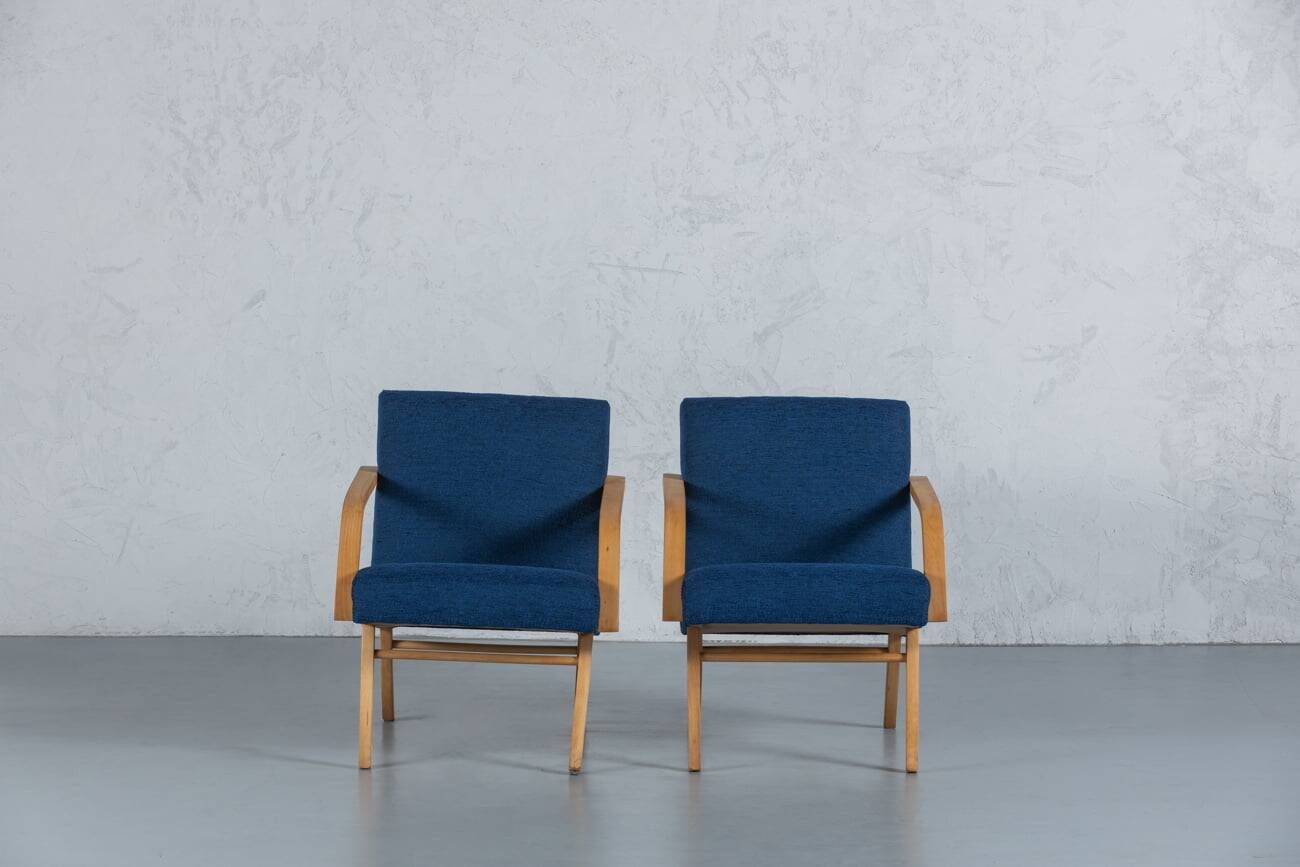 Vintage oak and blue fabric armchairs, Hungary, 1970s, set of 2