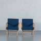Vintage oak and blue fabric armchairs, Hungary, 1970s, set of 2