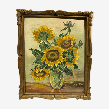 Old painting, still life with sunflowers, signed, dated 1955